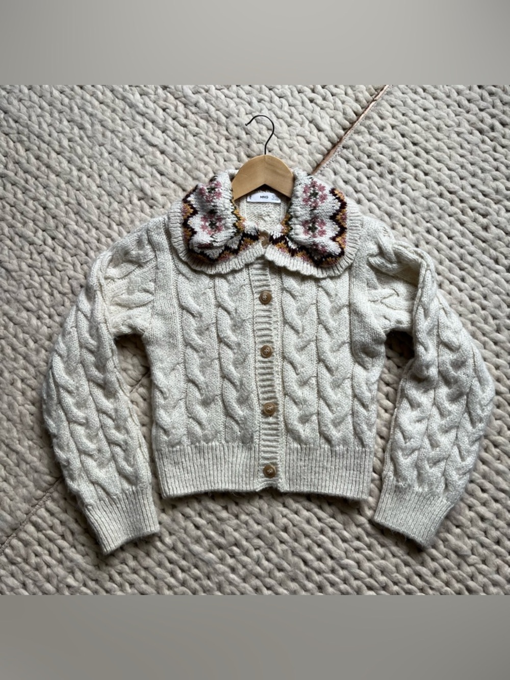 MNG Cable Knit Cream Cardigan with Floral Peter Pan Collar | xsmall